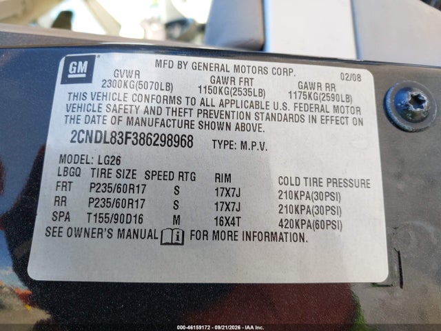 Aukcja sprzedaży 2008 Chevrolet Equinox Ltz, vin: 2CNDL83F386298968, numer aukcji: 46159172