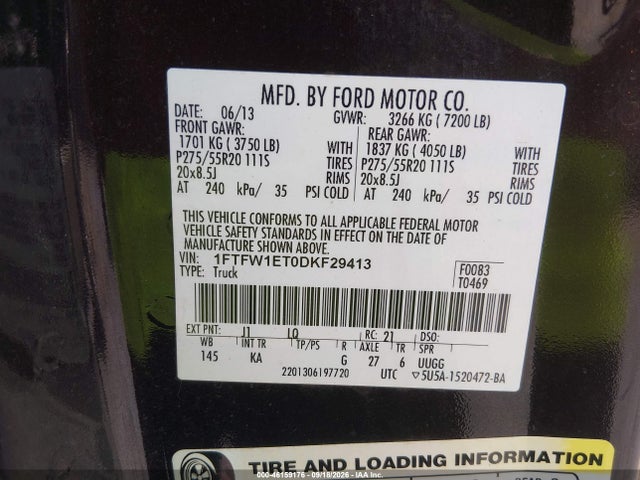2013 Ford F-150 King Ranch მანქანა იყიდება აუქციონზე, vin: 1FTFW1ET0DKF29413, აუქციონის ნომერი: 46159176
