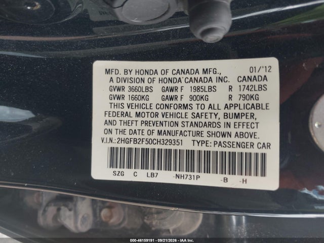 Aukcja sprzedaży 2012 Honda Civic Lx, vin: 2HGFB2F50CH329351, numer aukcji: 46159191