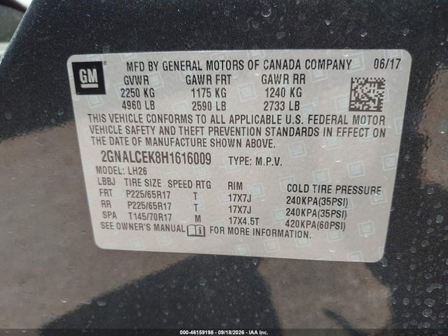 46159198 :رقم المزاد ، 2GNALCEK8H1616009 vin ، 2017 Chevrolet Equinox Lt مزاد بيع