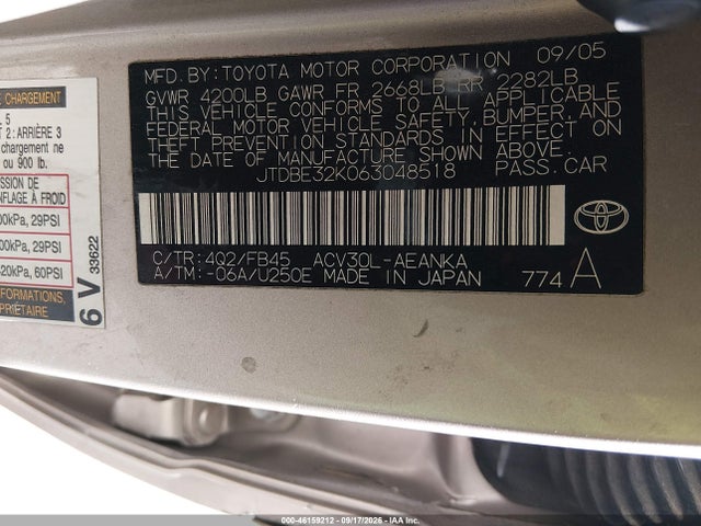 46159212 :رقم المزاد ، JTDBE32K063048518 vin ، 2006 Toyota Camry Std مزاد بيع