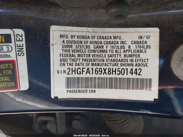 Продаж на аукціоні авто 2008 Honda Civic Ex-l, vin: 2HGFA169X8H501442, номер лоту: 46159229