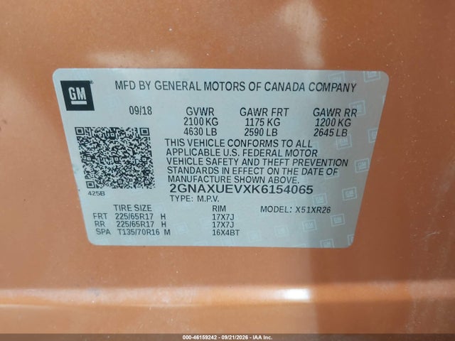 46159242 :رقم المزاد ، 2GNAXUEVXK6154065 vin ، 2019 Chevrolet Equinox Lt مزاد بيع