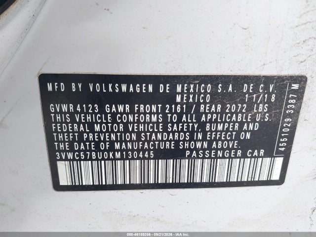 2019 Volkswagen Jetta 1.4t R-line/1.4t S/1.4t Se მანქანა იყიდება აუქციონზე, vin: 3VWC57BU0KM130445, აუქციონის ნომერი: 46159256
