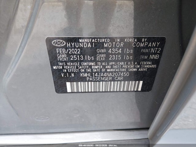 Продаж на аукціоні авто 2022 Hyundai Sonata Sel, vin: KMHL14JA4NA207450, номер лоту: 46159263