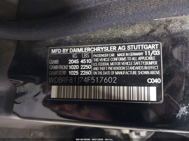 46159280 :رقم المزاد ، WDBRF81J74F517602 vin ، 2004 Mercedes-benz C 240 4matic مزاد بيع