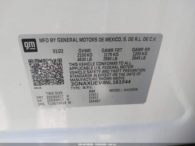 Aukcja sprzedaży 2022 Chevrolet Equinox Awd Lt, vin: 3GNAXUEV4NL161044, numer aukcji: 46159299