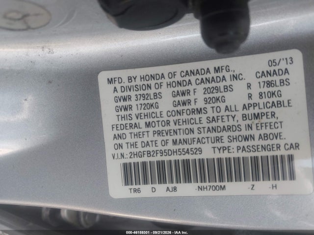 46159301 :رقم المزاد ، 2HGFB2F95DH554529 vin ، 2013 Honda Civic Ex-l مزاد بيع