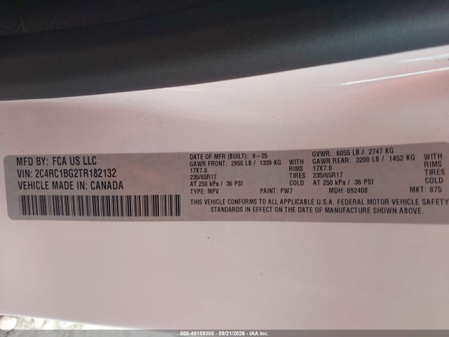 46159305 :رقم المزاد ، 2C4RC1BG2TR182132 vin ، 2026 Chrysler Pacifica Select مزاد بيع