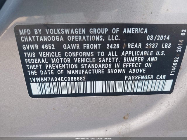 2014 Volkswagen Passat 2.0l Tdi Se მანქანა იყიდება აუქციონზე, vin: 1VWBN7A34EC085682, აუქციონის ნომერი: 46159310
