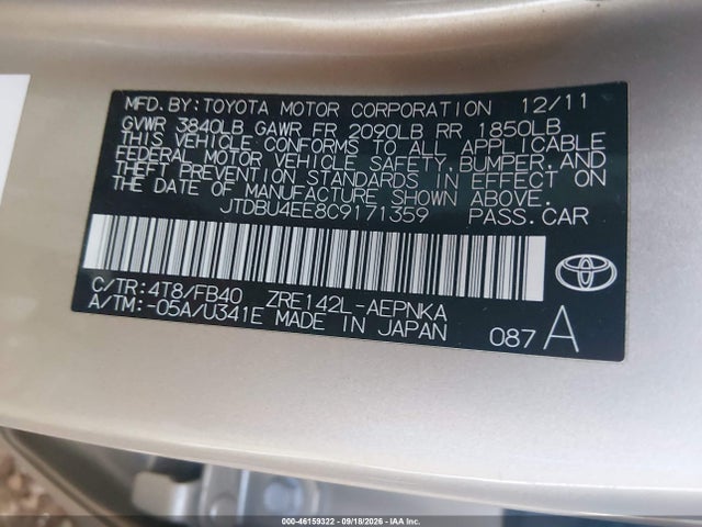 2012 Toyota Corolla Le მანქანა იყიდება აუქციონზე, vin: JTDBU4EE8C9171359, აუქციონის ნომერი: 46159322