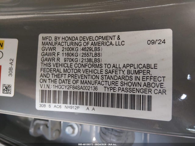 1HGCY2F84SA002136 Honda Accord Hybrid Touring