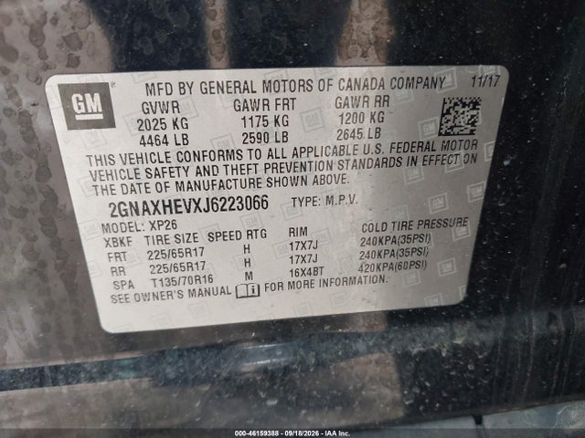 Aukcja sprzedaży 2018 Chevrolet Equinox Ls, vin: 2GNAXHEVXJ6223066, numer aukcji: 46159388