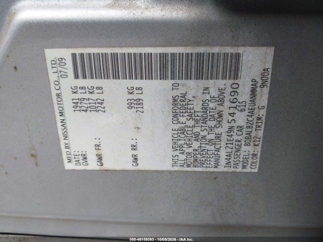 Aukcja sprzedaży 2009 Nissan Altima 2.5 S, vin: 1N4AL21E49N541690, numer aukcji: 46159393