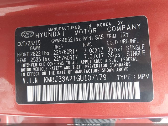 2016 Hyundai Tucson Eco მანქანა იყიდება აუქციონზე, vin: KM8J33A21GU107179, აუქციონის ნომერი: 46159402