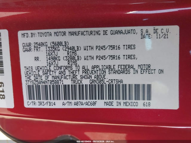 Продаж на аукціоні авто 2022 Toyota Tacoma Sr V6, vin: 3TYSZ5AN4NT058871, номер лоту: 46159404