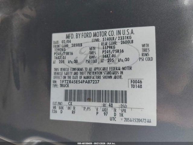 46159409 :رقم المزاد ، 1FTZR45E54PA87237 vin ، 2004 Ford Ranger Edge/tremor/xlt مزاد بيع