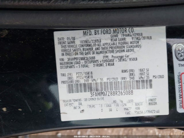 Продаж на аукціоні авто 2008 Ford Fusion Se, vin: 3FAHP07Z88R265088, номер лоту: 46159410