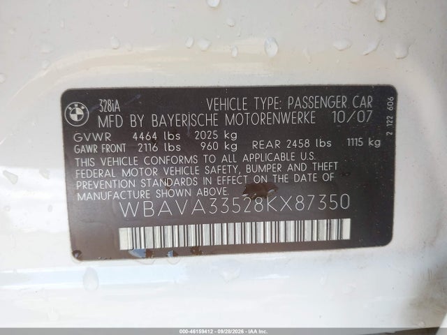 46159412 :رقم المزاد ، WBAVA33528KX87350 vin ، 2008 Bmw 328i مزاد بيع
