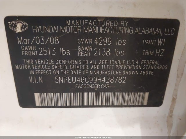 Продажа на аукционе авто 2009 Hyundai Sonata Limited, vin: 5NPEU46C99H428782, номер лота: 46159415