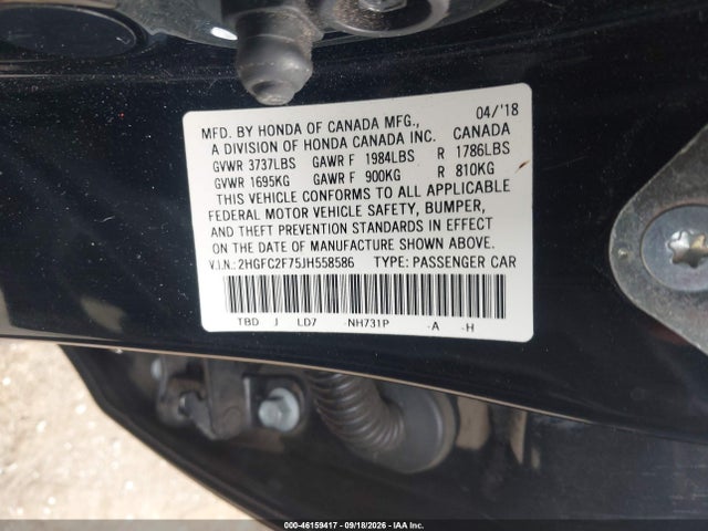2018 Honda Civic Ex მანქანა იყიდება აუქციონზე, vin: 2HGFC2F75JH558586, აუქციონის ნომერი: 46159417