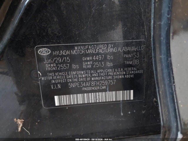 46159428 :رقم المزاد ، 5NPE34AF8FH259757 vin ، 2015 Hyundai Sonata Sport مزاد بيع