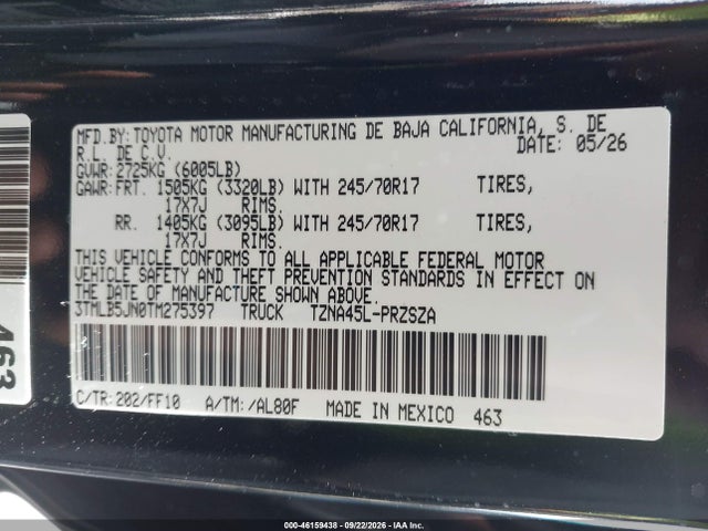 Aukcja sprzedaży 2026 Toyota Tacoma Sr5, vin: 3TMLB5JN0TM275397, numer aukcji: 46159438