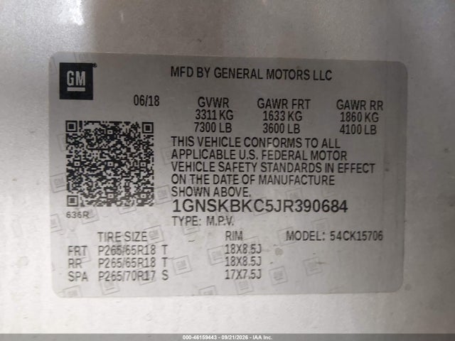 Auction sale of the 2018 Chevrolet Tahoe Lt, vin: 1GNSKBKC5JR390684, lot number: 46159443
