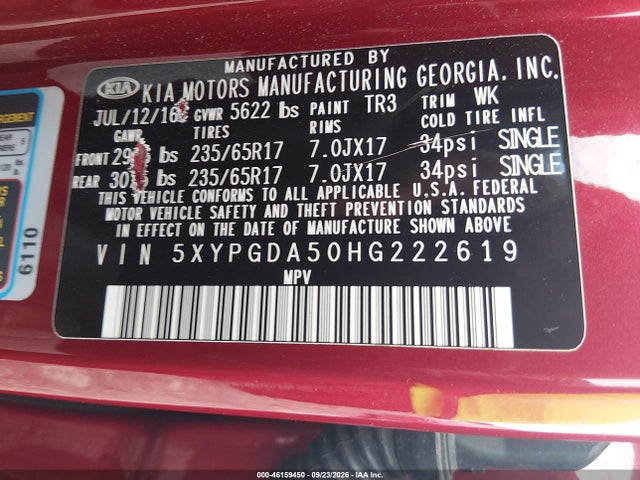 Aukcja sprzedaży 2017 Kia Sorento 3.3l Lx, vin: 5XYPGDA50HG222619, numer aukcji: 46159450