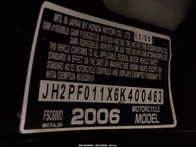 Aukcja sprzedaży 2006 Honda Fsc600 D, vin: JH2PF011X6K400463, numer aukcji: 46159454
