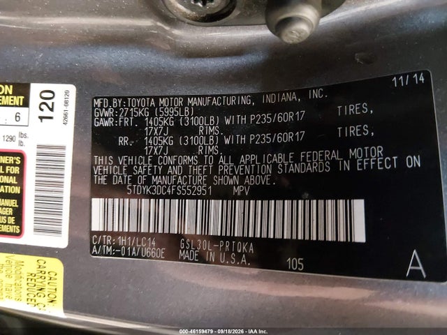 Продаж на аукціоні авто 2015 Toyota Sienna Xle 8 Passenger, vin: 5TDYK3DC4FS552951, номер лоту: 46159479