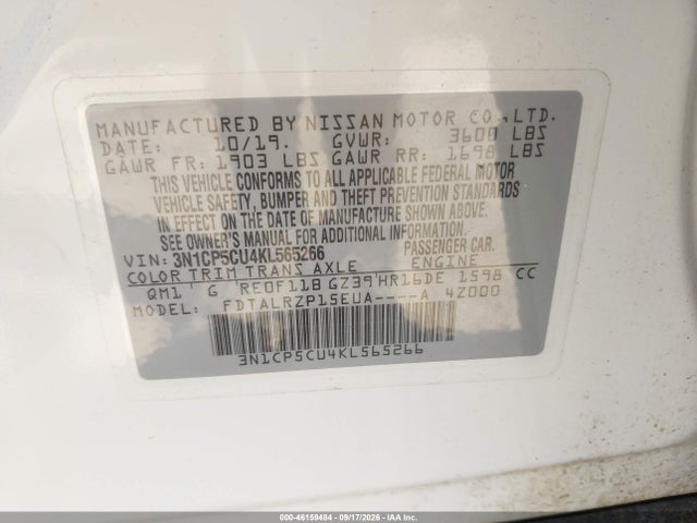 Продаж на аукціоні авто 2019 Nissan Kicks S, vin: 3N1CP5CU4KL565266, номер лоту: 46159484