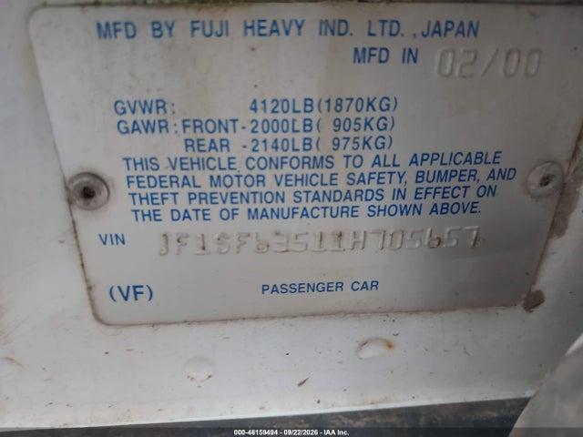 2001 Subaru Forester L მანქანა იყიდება აუქციონზე, vin: JF1SF63511H705657, აუქციონის ნომერი: 46159494