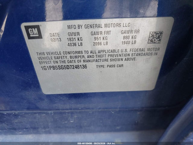 46159496 :رقم المزاد ، 1G1PB5SG5D7248136 vin ، 2013 Chevrolet Cruze Ls Manual مزاد بيع