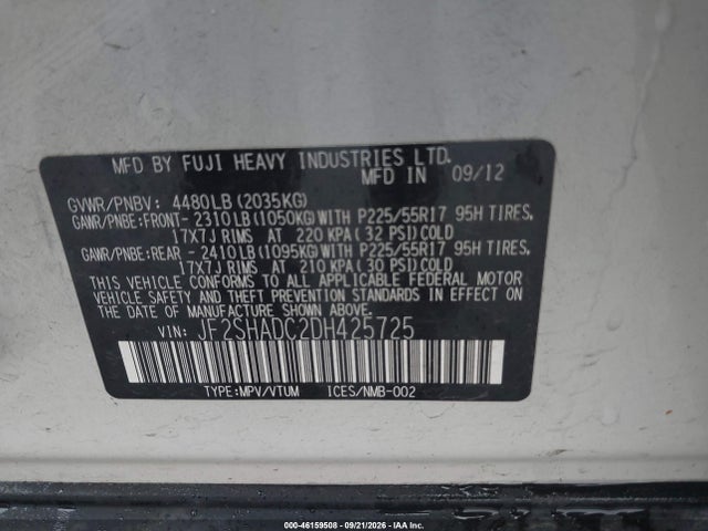 46159508 :رقم المزاد ، JF2SHADC2DH425725 vin ، 2013 Subaru Forester 2.5x Premium مزاد بيع