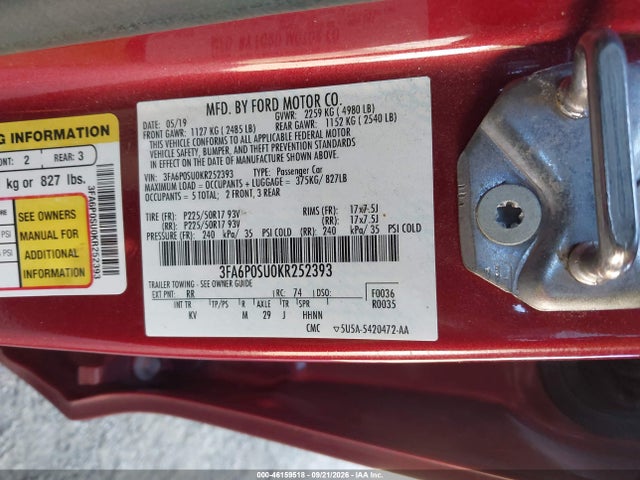 Ford Fusion Energi Titanium 2019 3FA6P0SU0KR252393 Image 9