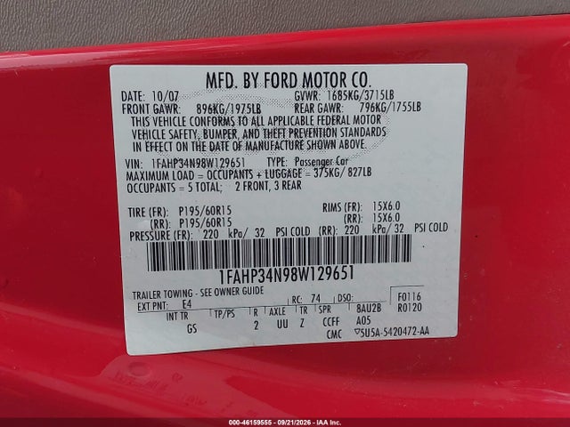 Продажа на аукционе авто 2008 Ford Focus S, vin: 1FAHP34N98W129651, номер лота: 46159555