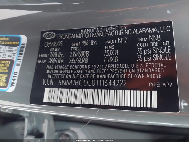 Aukcja sprzedaży 2026 Hyundai Tucson Sel, vin: 5NMJBCDE0TH644222, numer aukcji: 46159567
