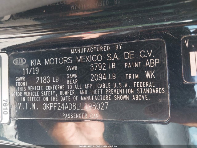 46159571 :رقم المزاد ، 3KPF24AD8LE198027 vin ، 2020 Kia Forte Lxs مزاد بيع
