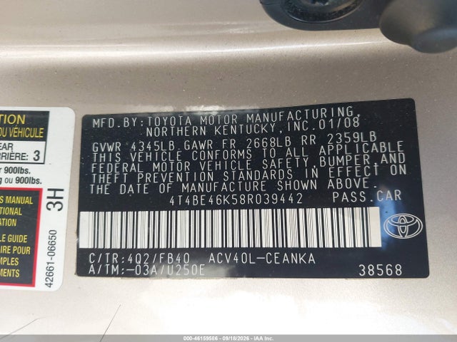 2008 Toyota Camry Le მანქანა იყიდება აუქციონზე, vin: 4T4BE46K58R039442, აუქციონის ნომერი: 46159586