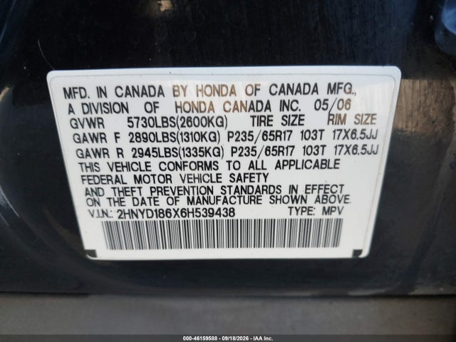 Продаж на аукціоні авто 2006 Acura Mdx, vin: 2HNYD186X6H539438, номер лоту: 46159588