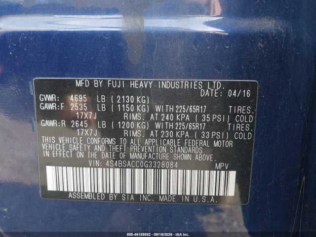 Aukcja sprzedaży 2016 Subaru Outback 2.5i Premium, vin: 4S4BSACC0G3328084, numer aukcji: 46159592