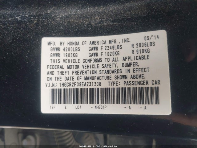 Honda ACCORD LX 2014 1HGCR2F39EA231238 Image 9