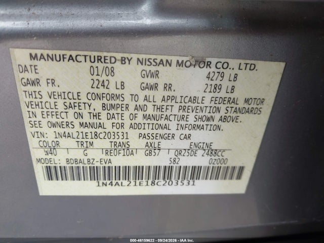 2008 Nissan Altima 2.5 S მანქანა იყიდება აუქციონზე, vin: 1N4AL21E18C203531, აუქციონის ნომერი: 46159622