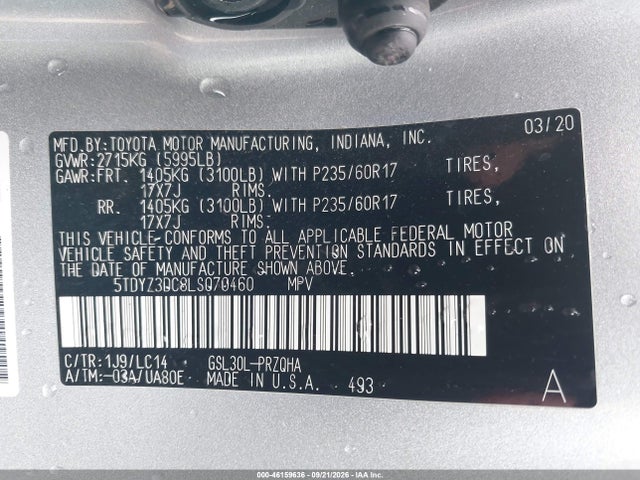 Продажа на аукционе авто 2020 Toyota Sienna Xle, vin: 5TDYZ3DC8LS070460, номер лота: 46159636
