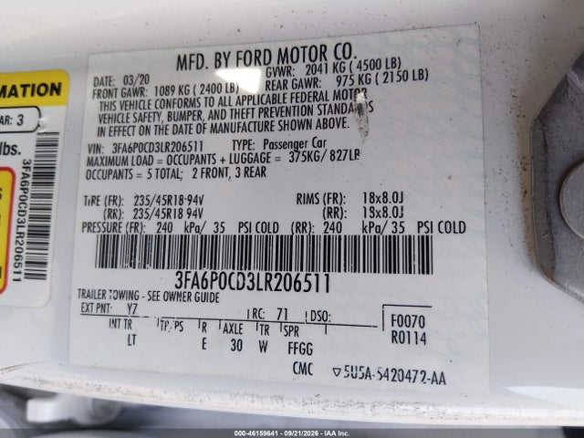 Продажа на аукционе авто 2020 Ford Fusion Sel, vin: 3FA6P0CD3LR206511, номер лота: 46159641