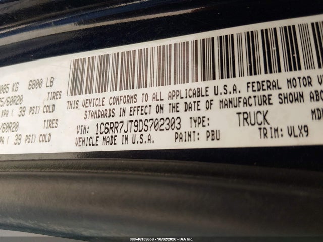 2013 Ram 1500 Laramie მანქანა იყიდება აუქციონზე, vin: 1C6RR7JT9DS702303, აუქციონის ნომერი: 46159659