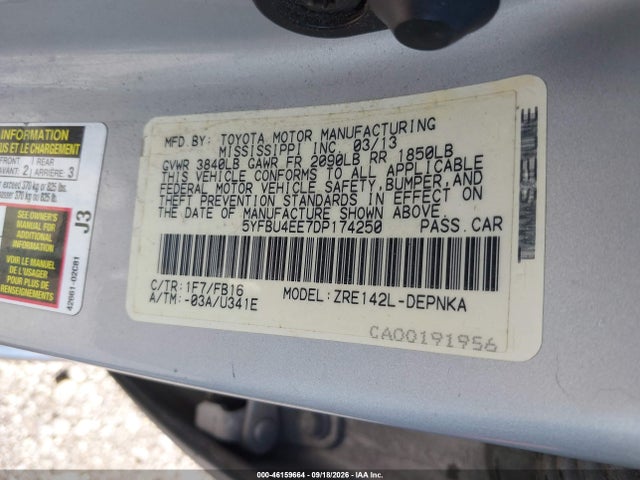 46159664 :رقم المزاد ، 5YFBU4EE7DP174250 vin ، 2013 Toyota Corolla Le مزاد بيع