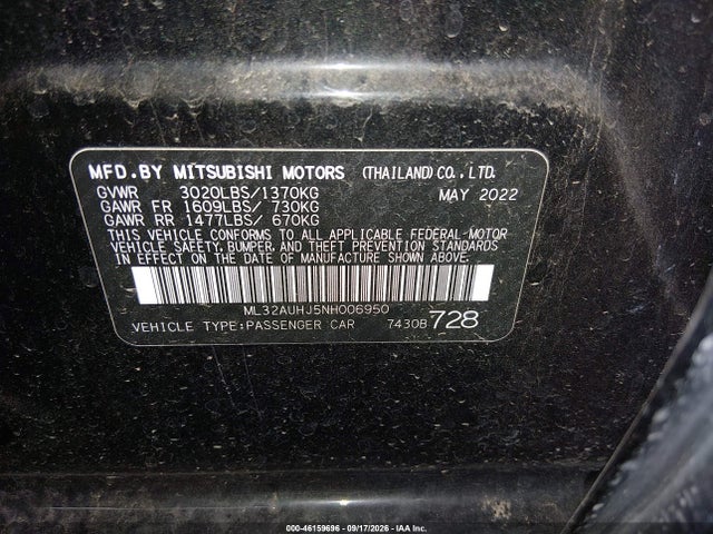 46159696 :رقم المزاد ، ML32AUHJ5NH006950 vin ، 2022 Mitsubishi Mirage Es مزاد بيع