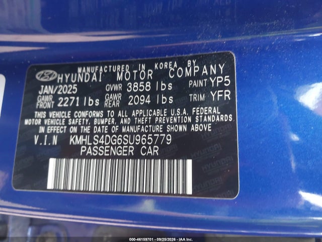 46159701 :رقم المزاد ، KMHLS4DG6SU965779 vin ، 2025 Hyundai Elantra Sel Convenience مزاد بيع